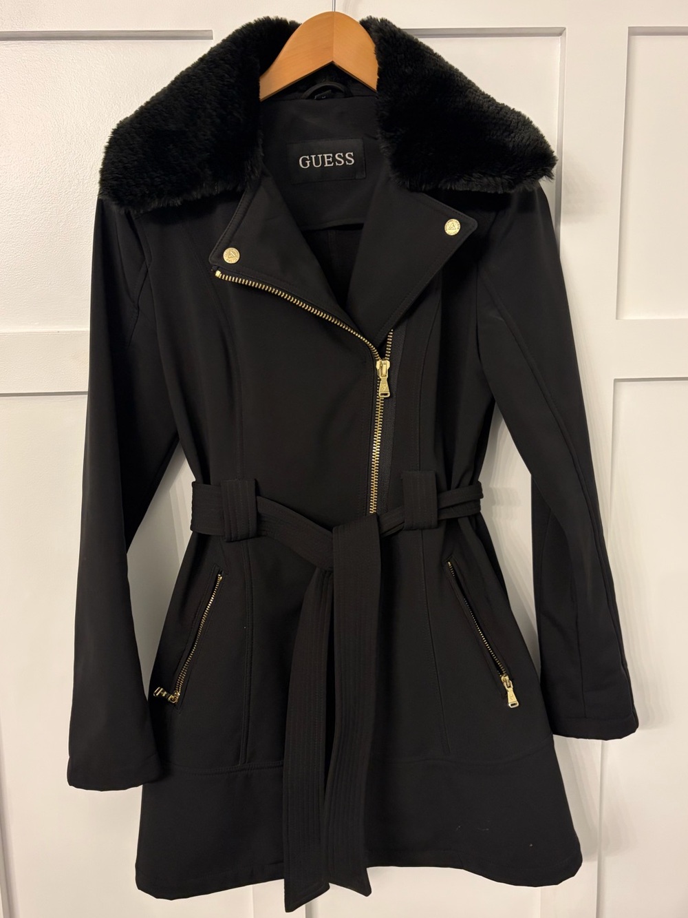 GUESS Women's Black Belted Coat with Detachable Faux Fur Collar